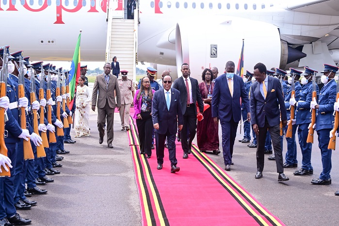 Ethiopia's President Taye Atske Selassie arrives at Entebbe Airport for the AU Summit. He was received by Hon Jacob Oboth (R) and several foreig