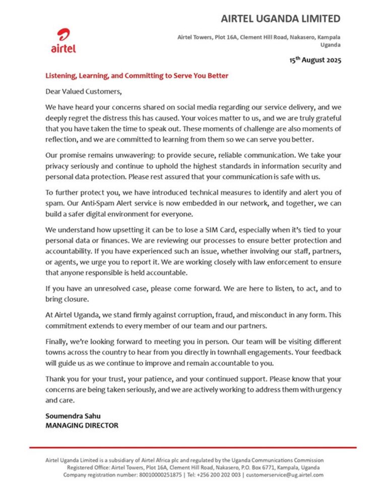 Airtel Uganda fraud letter