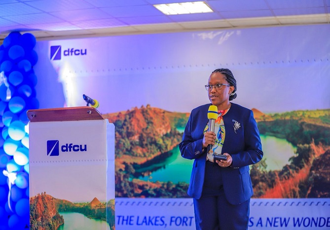 Kate K. Kiiza, dfcu Executive Director and Chief Corporate and Institutional Banking Officer speaks during the dfcu Fort Portal branch opening