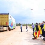 President Museveni accompanied by First Lady Janet Museveni flags off Uganda's first batch of chili containers to the Chinese market during a function held at Namasagali on Thursday. PPU Photochina8